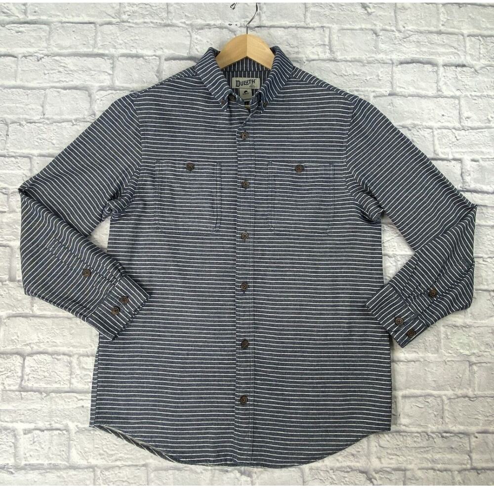 Duluth Denim Button Up Shirt Men’s Medium Blue  Striped‎ Long Sleeve Two Pockets